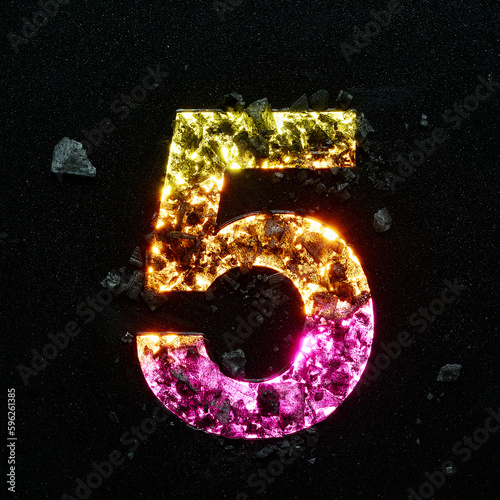 High quality photo of multicolored gradient neon colors number five on black textured background with black stones.