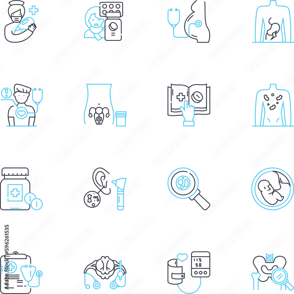 Fototapeta premium Healthcare facility linear icons set. Hospital, Clinic, Ambulatory, Dispensary, Infirmary, Medical center, Nursing home line vector and concept signs. Rehabilitation,Hospice,Urgent care outline