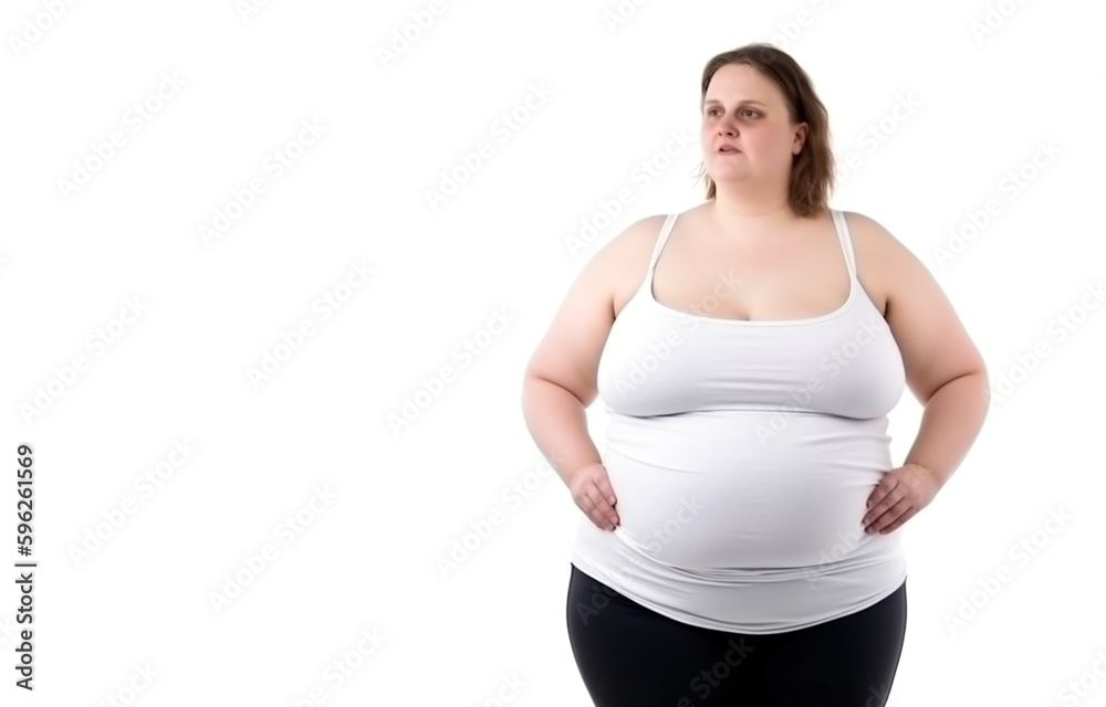 Overweight or Obese woman posing in full body shot, isolated on white background. Shallow field of view. Illustrative Generative Ai, Not a real person. Overweight or Obese woman posing in full body shot, isolated on white background. Shallow field of view. Illustrative Generative Ai, Not a real person.