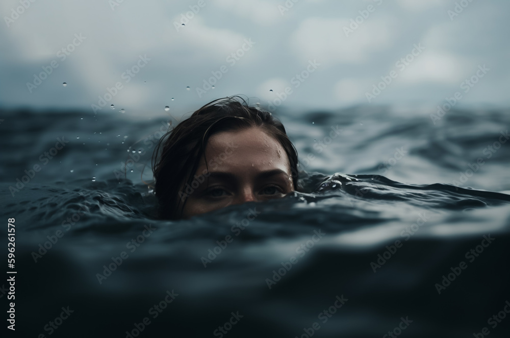 Close-up portrait of a beautiful woman semi submerged in the water, swimming in the sea. Shallow depth of field, Illustrative Generative AI. Not a real person.