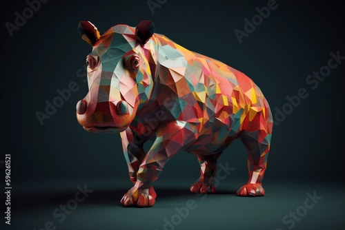 Vibrant low-poly hippopotamus on plain background. Generative AI