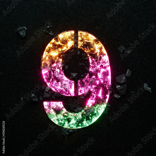 High quality photo of multicolored gradient neon colors number nine on black textured background with black stones.