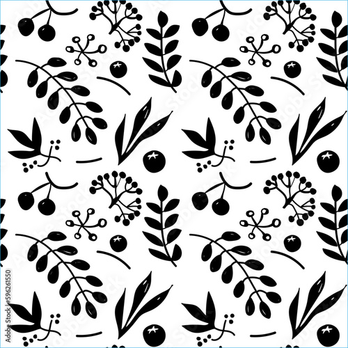 Black thin lines seamless floral pattern on a white background