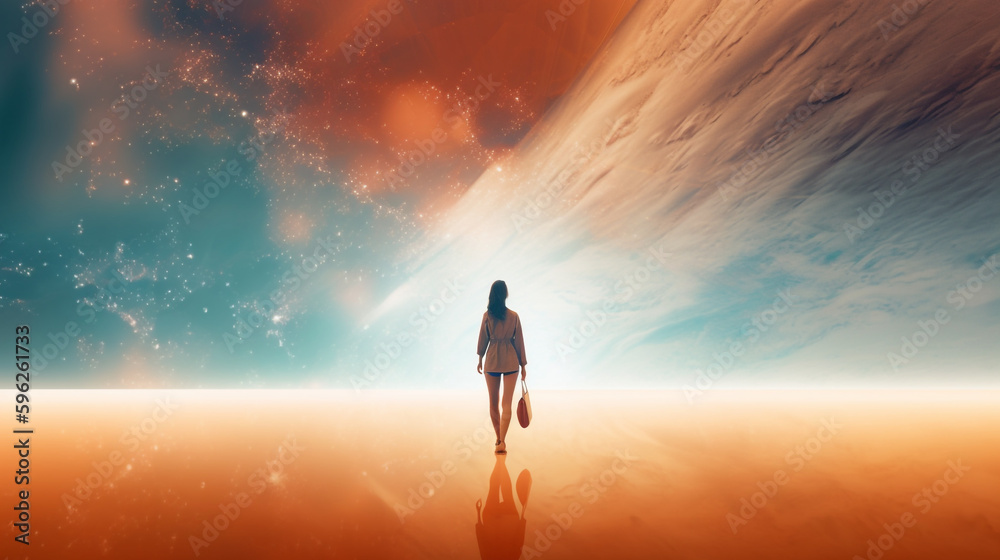 Woman walking in a dreamlike enviroment towards the imensity of the universe. Surrounded by clouds and stars.