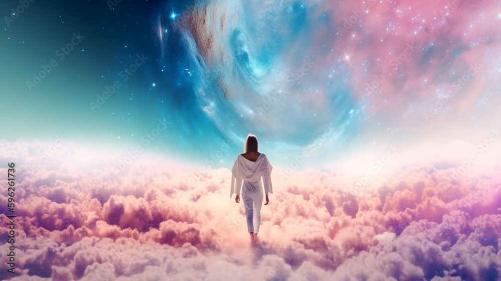 Woman in a white dress walking in a dreamlike enviroment towards the imensity of the universe. Walking on pink clouds.