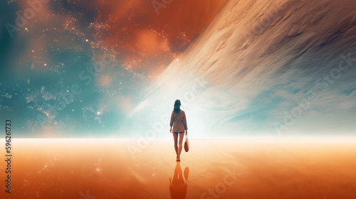 Woman walking in a dreamlike enviroment towards the imensity of the universe. Surrounded by clouds and stars.