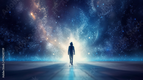 Man in a black hoodie walking in a dreamlike enviroment towards the imensity of the universe.