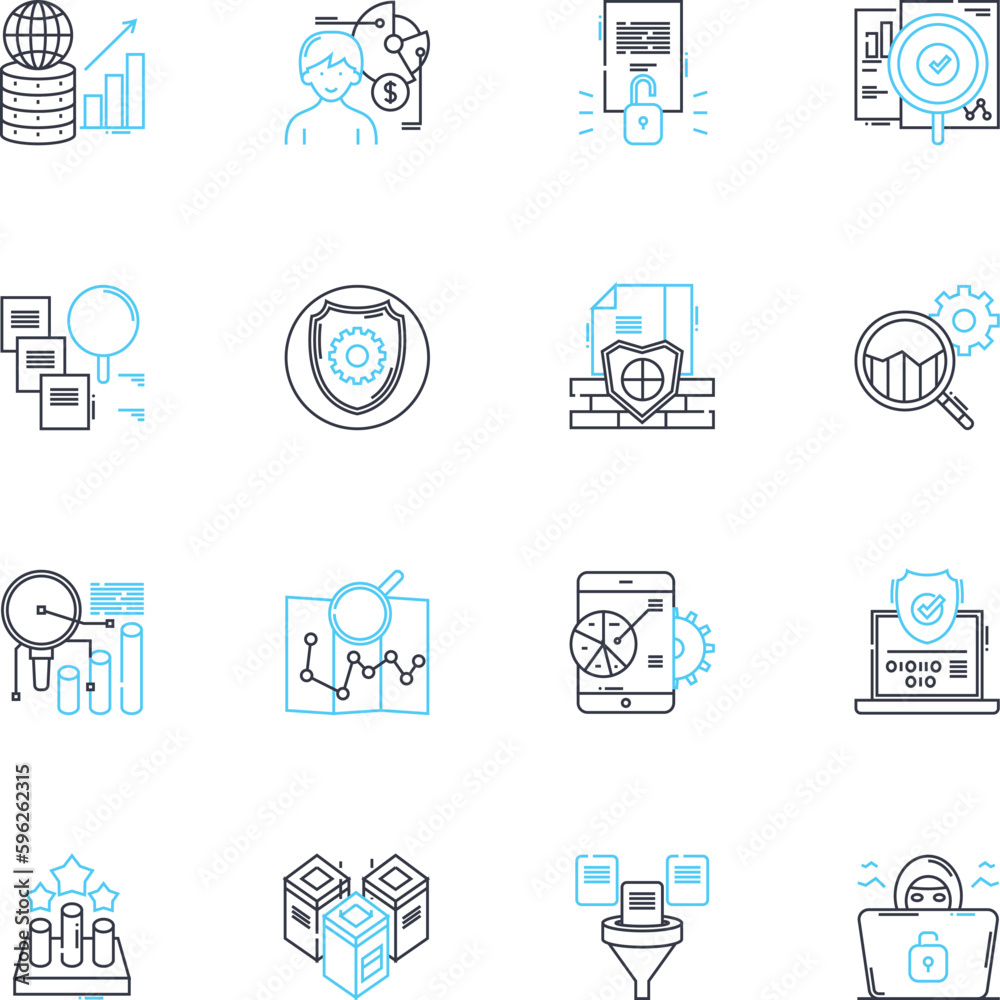 Data management linear icons set. Database, Analytics, Security, Backup, Integration, Migration, Cleansing line vector and concept signs. Storage,Governance,Archiving outline illustrations Data management linear icons set. Database, Analytics, Security, Backup, Integration, Migration, Cleansing line vector and concept signs. Storage,Governance,Archiving outline illustrations