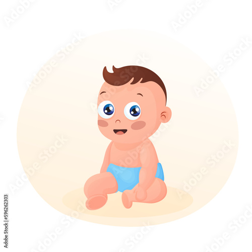 Cute baby boy. Happy child. Vector illustration isolated on white background. Baby shower welcome greeting card.