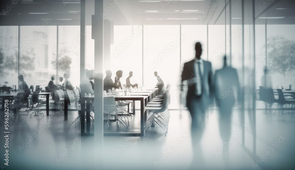 blurred business people in white glass office background, Generative AI.