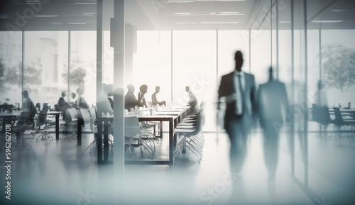 blurred business people in white glass office background, Generative AI. © Onchira