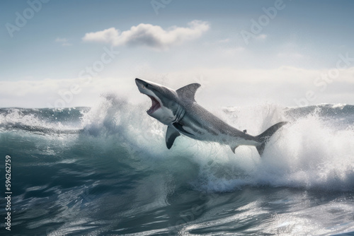 Experience the thrill of a lifetime with a great white shark jumping out of the water just inches away. A heart-pounding moment captured forever. AI Generative.
