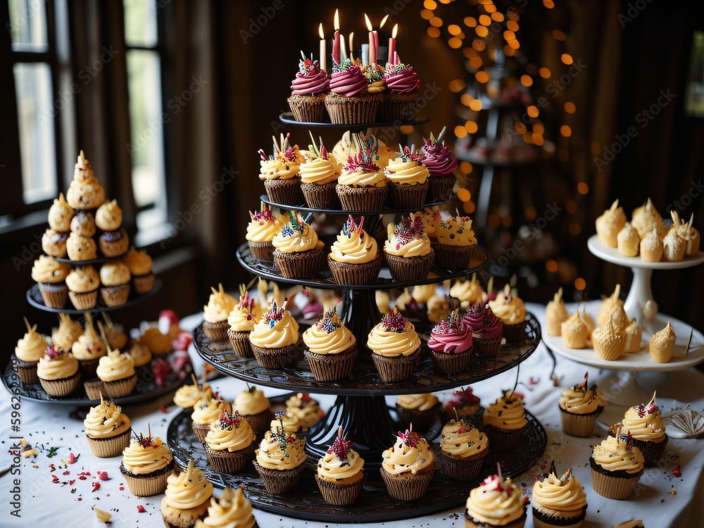 A tiered cake stand with several cupcakes decorated with sprinkles and candles.