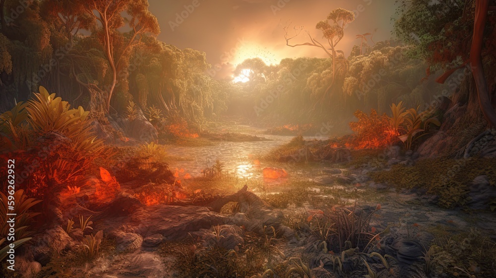 game setting in 10,000 BC landscape with volcanoes and lava. Risky dramatic land due to active volcanoes and lava flows. Features lavic stones spewing out of molten lava and ash. AI-generated