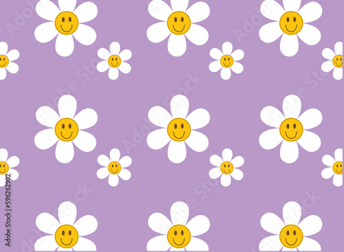 smile flower seamless pattern cartoon groovy hippie daisy Funny happy sticker vector illustration