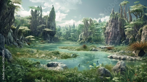 GAME BACKGROUND: 10,000 BC forests surrounding lakes and home habitat for a vast array of creatures. AI-generated
