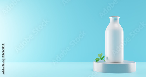 Milk day. Full bottle of clover leaf on the podium. 3d rendering.
