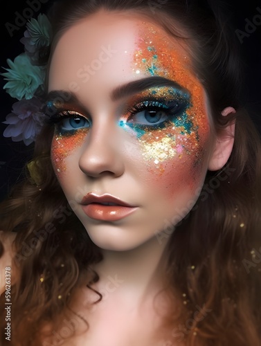 Colorful Makeup Look with Glitter Accents. Generative Ai.