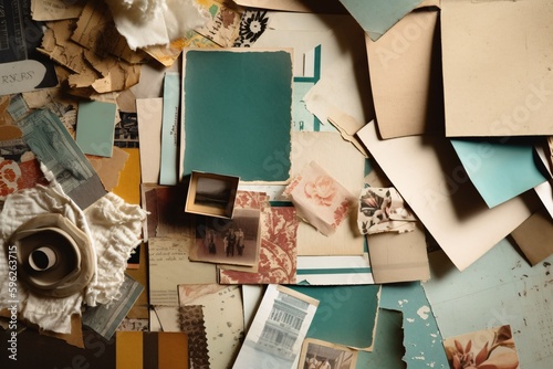 Combined various materials like paper scraps, photos or found objects together into a cohesive composition that can be used as a modern background graphic. Generative Ai.