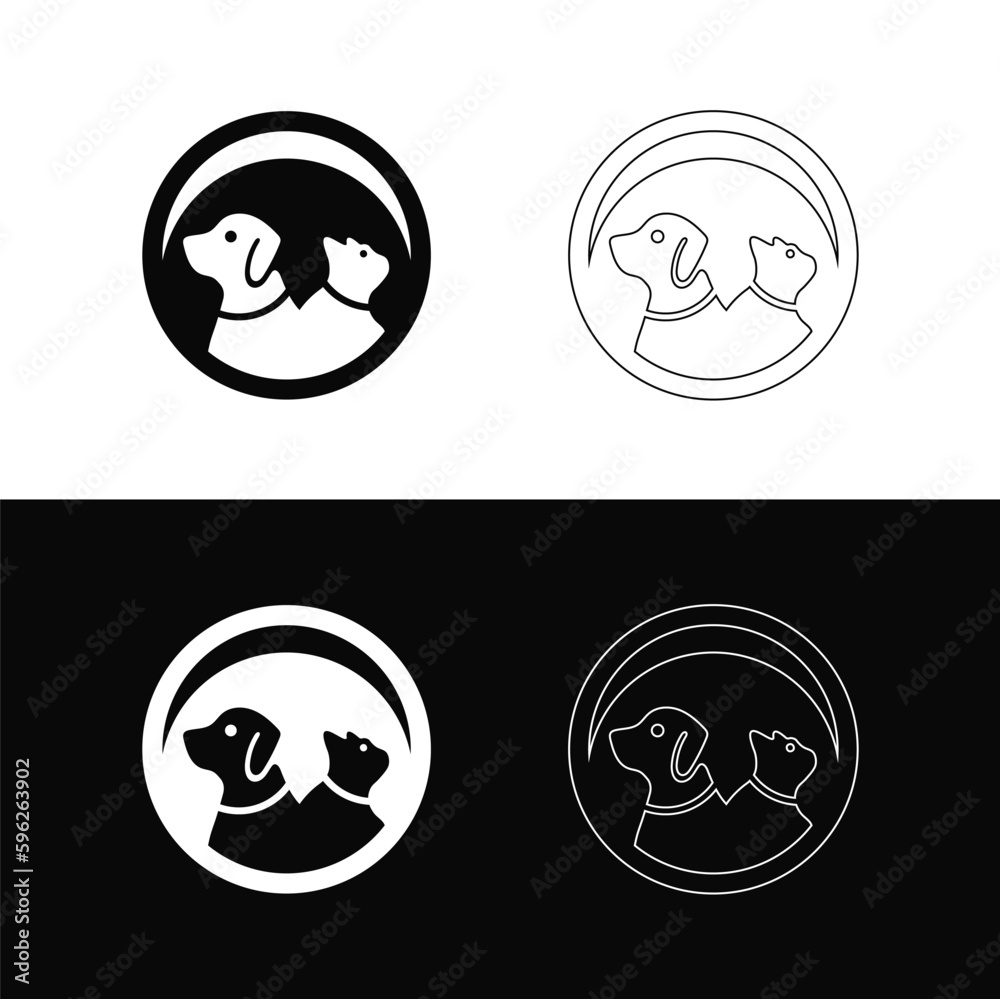Circle cat and dog animal logo design . Line art illustration