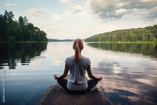 Serenity in Nature: Young Girl Embracing Yoga and Meditation in the Wilderness. Generative Ai