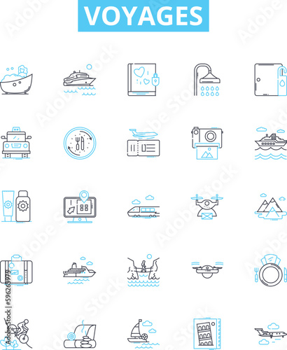 Voyages vector line icons set. Tours, Trips, Cruises, Journeys, Tours, Excursions, Adventures illustration outline concept symbols and signs