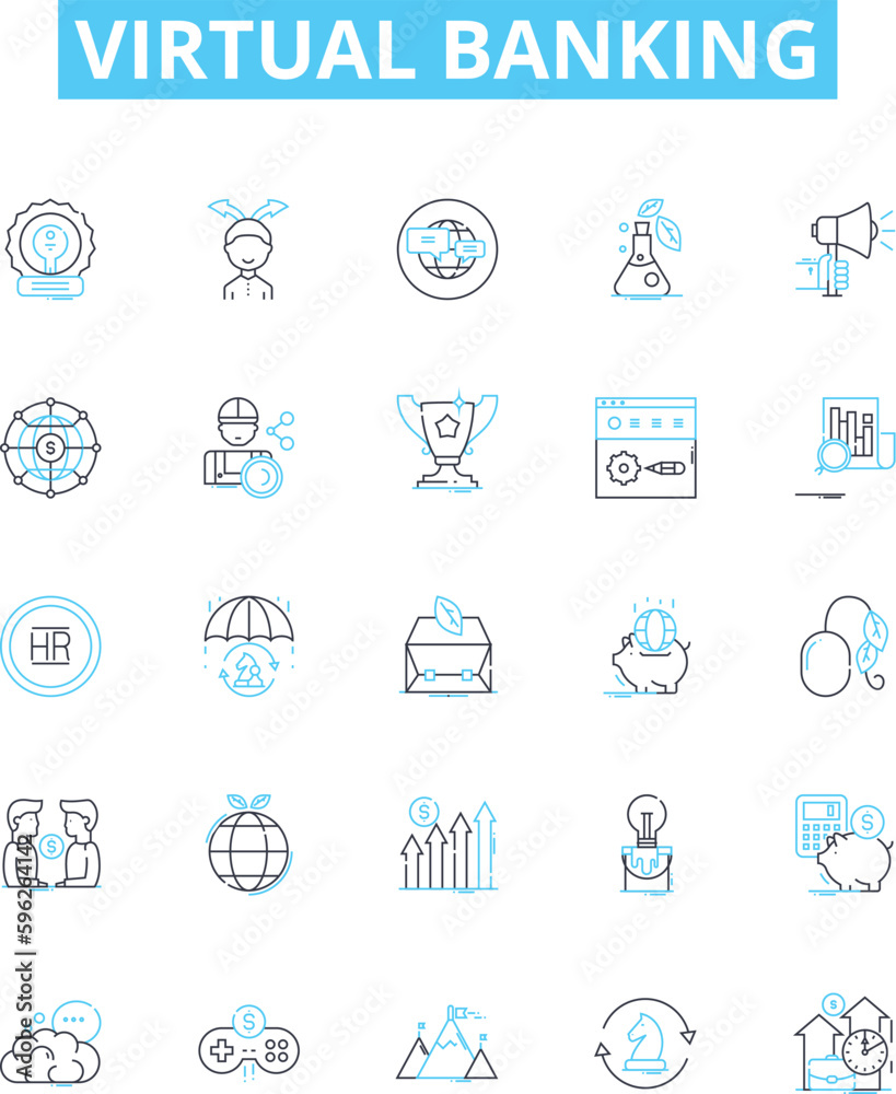 Virtual banking vector line icons set. Virtual, Banking, Online, Financial, Services, Payments, Mobile illustration outline concept symbols and signs