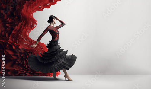 Spanish culture and tradition. Female flamenco dancer with red dress over white background. Generative AI 