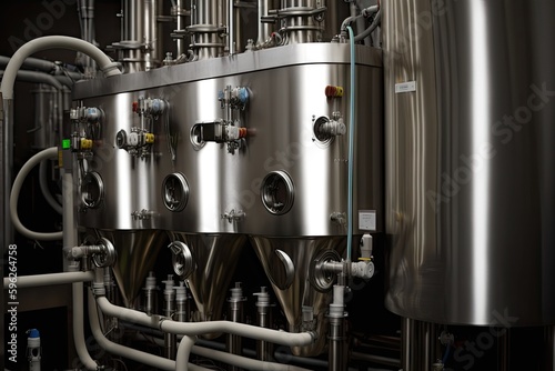 large evaporator system, with multiple taps and tubes dripping sap into buckets below, created with generative ai