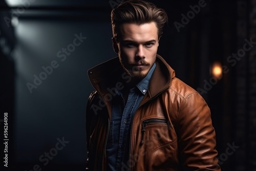 Fashionable male model posing in trendy jacket. Generative Ai.