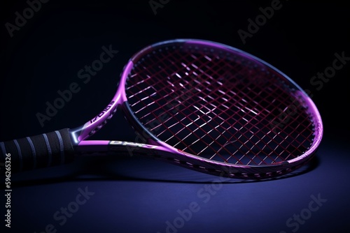 3d rendering of tennis racket and ball on purble background. Generative AI © Caledonia