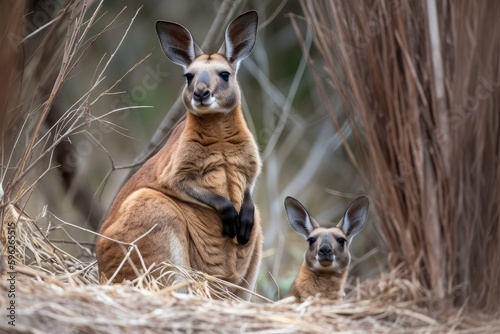Tablou canvas mother kangaroo sitting on its hind legs with pouch open and baby peeking out, c