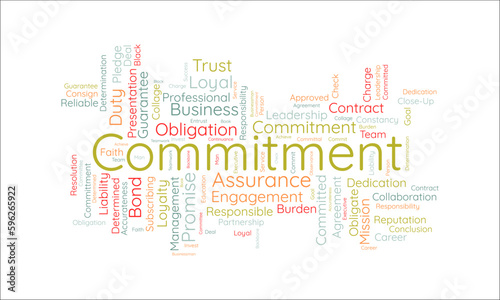 Word cloud background concept for Commitment. Responsibility engagement, business contract obligation of loyalty promise achievement. vector illustration.