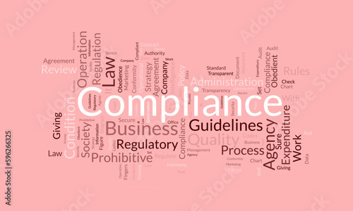 Word cloud background concept for Compliance. Business agency policy guidelines for quality process regulatory. vector illustration.