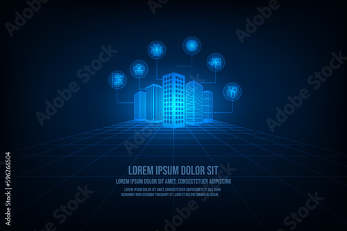 Vector technology internet of things smart city concept. Abstract blue background.