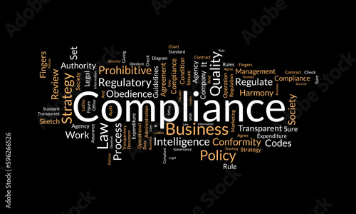 Word cloud background concept for Compliance. Business agency policy guidelines for quality process regulatory. vector illustration.