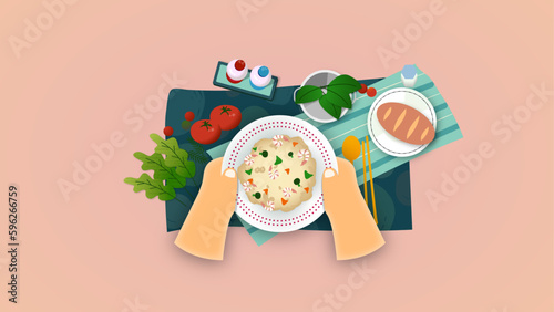 Vector image of serving finished food, fried rice, picnic
