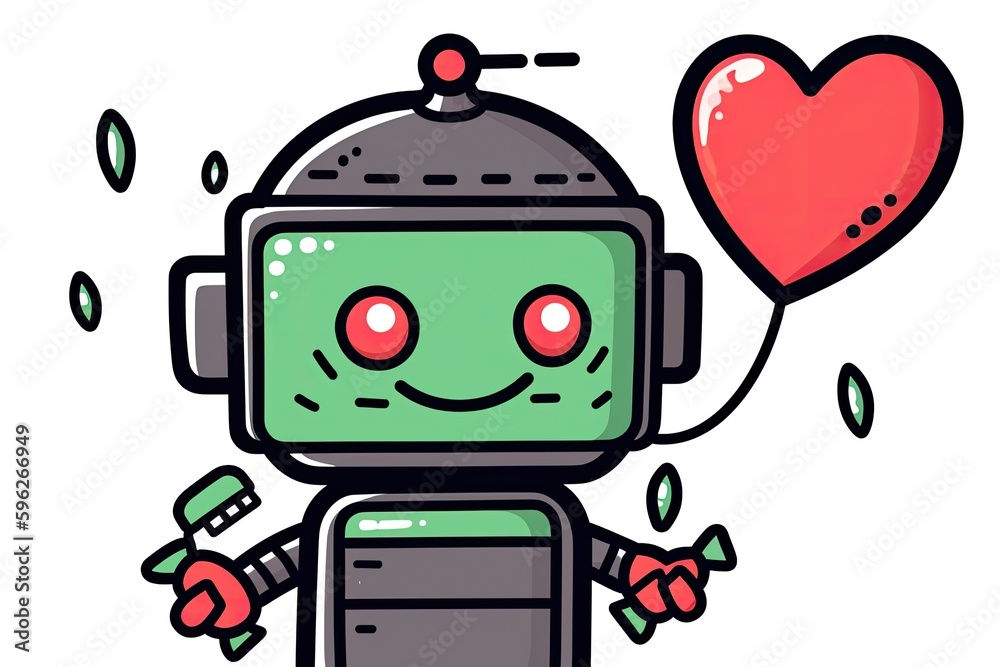 Naklejka premium Robot holding a Heart-Shaped Balloon. Generative AI