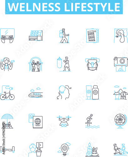 Welness lifestyle vector line icons set. Wellness, Lifestyle, Health, Fitness, Diet, Nutrition, Exercise illustration outline concept symbols and signs