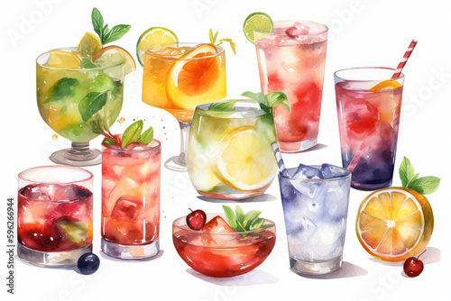 drinks and cocktails collection on white background, generative AI