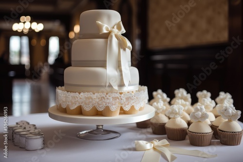 wedding cake with cupcakes as toppers and ribbon, created with generative ai photo