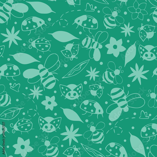 Green cute Ladybugs and leaves seamless pattern background. Cartoon ladybirds flying on dotted route, Summer pattern with leaves and bugs. Doodle bugs pattern.