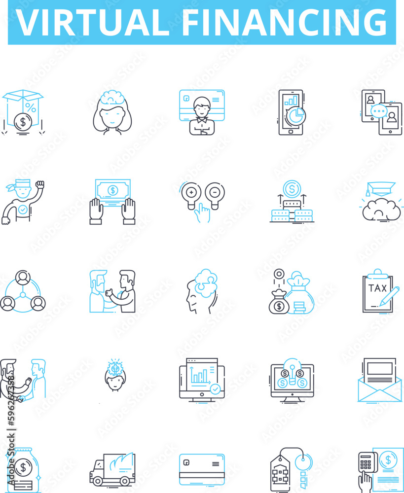 Virtual financing vector line icons set. Virtual, Financing, Money, Investment, Online, Credit, Funds illustration outline concept symbols and signs Virtual financing vector line icons set. Virtual, Financing, Money, Investment, Online, Credit, Funds illustration outline concept symbols and signs