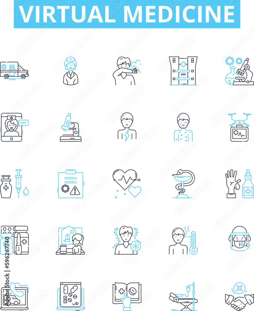 Virtual medicine vector line icons set. Virtual, Medicine, Telemedicine, Technology, Online, Healthcare, Doctors illustration outline concept symbols and signs