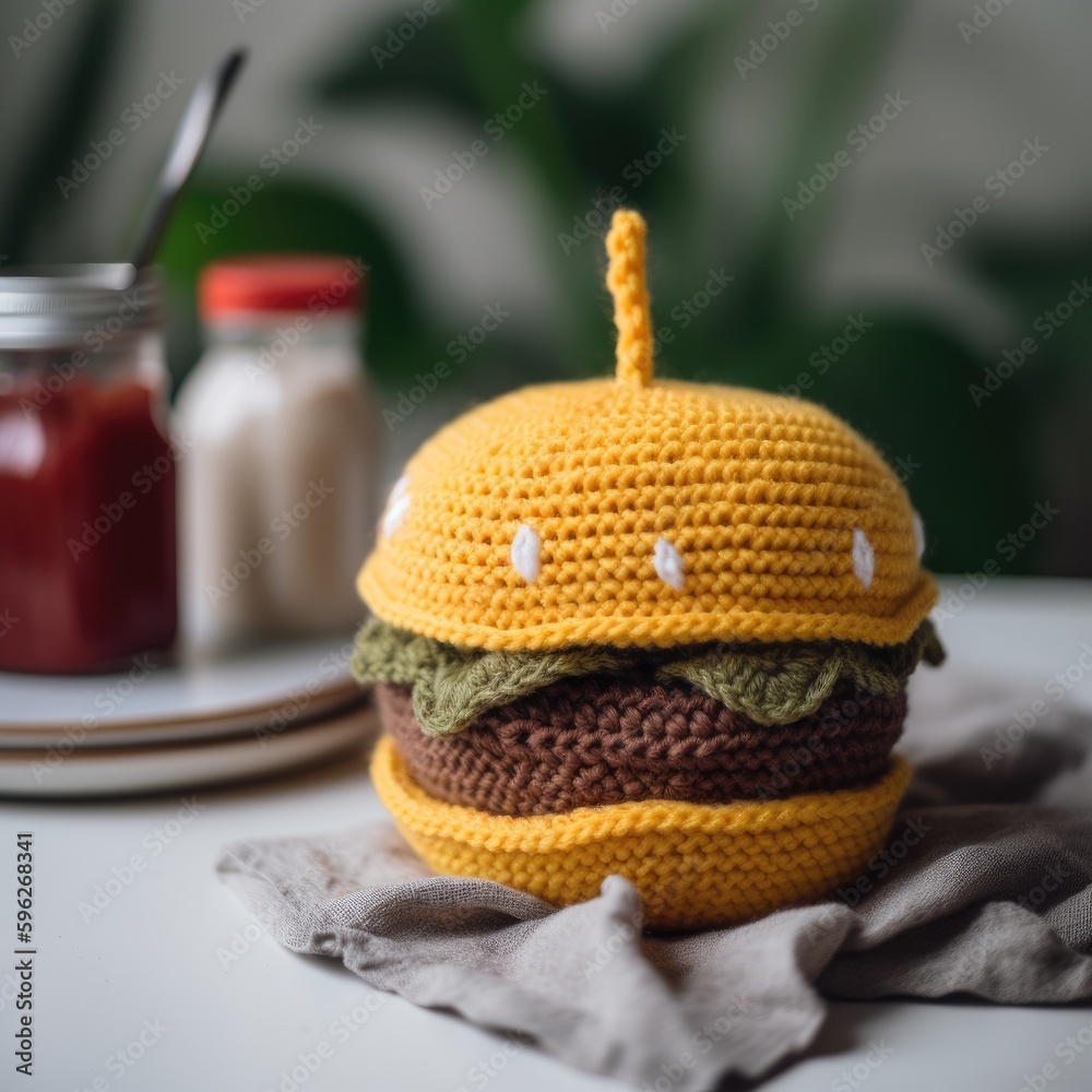 Knitted hamburger on a table, knitted food and crochet concept, Generative AI Knitted hamburger on a table, knitted food and crochet concept, Generative AI