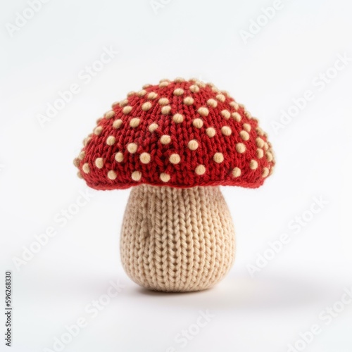 Knitted mushroom on white background. Knitted food and crochet concept, Generative AI