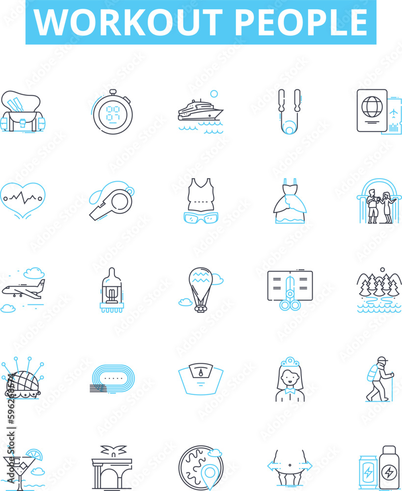 Workout people vector line icons set. Exercisers, Athletes, Gym-goers, Runners, Bodybuilders, Lifters, Crossfitters illustration outline concept symbols and signs Workout people vector line icons set. Exercisers, Athletes, Gym-goers, Runners, Bodybuilders, Lifters, Crossfitters illustration outline concept symbols and signs
