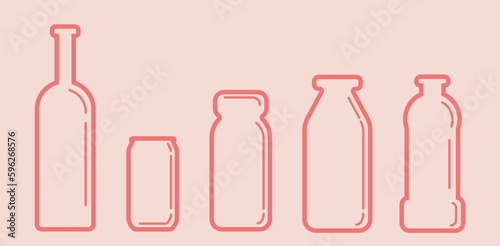 Set of bottles for drinks. Vector line illustration of bottles for milk, juice, alcohol, water, drinks. Minimalistic plastic and glass bottle icon design. Mockups of different types of bottles.