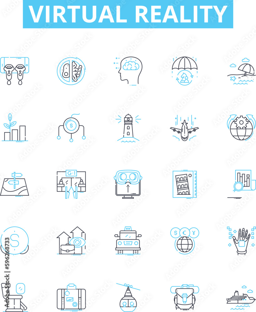 Virtual reality vector line icons set. Virtual, Reality, VR, Lucid, Dreaming, Augmented, Simulation illustration outline concept symbols and signs Virtual reality vector line icons set. Virtual, Reality, VR, Lucid, Dreaming, Augmented, Simulation illustration outline concept symbols and signs