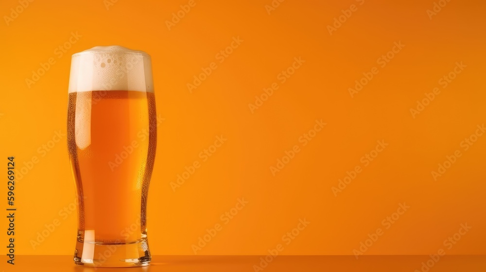 Glass of cold beer on orange background. Generative AI Glass of cold beer on orange background. Generative AI